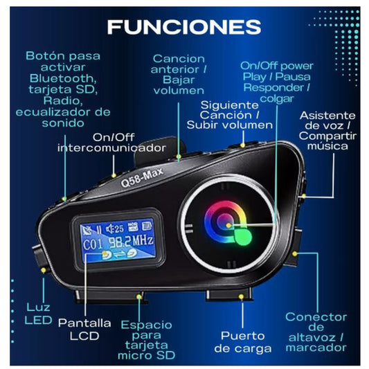 2 UNIDADES Intercomunicador Bluetooth para Motociclistas- Q58 Max