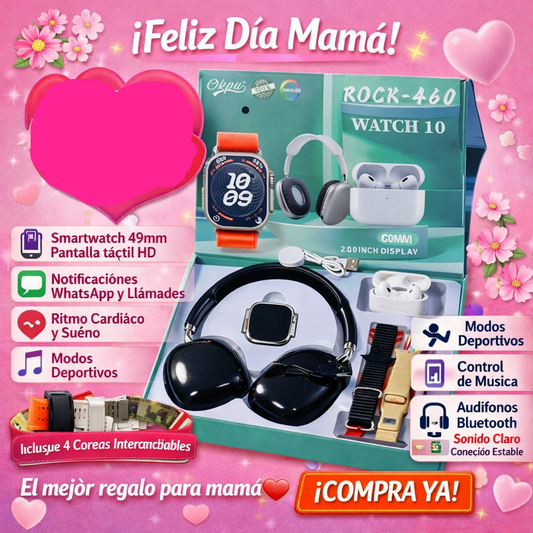 – Combo Tech Pro ⌚🎧 Smartwatch Rock 460 + Audífonos Bluetooth